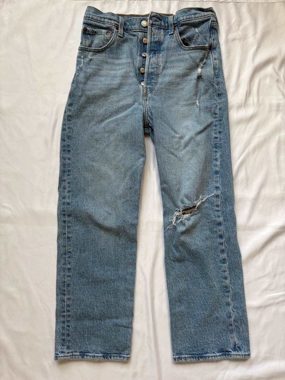 Levi’s Ribcage Light Blue Button-Fly Distressed Straight-Leg Jeans